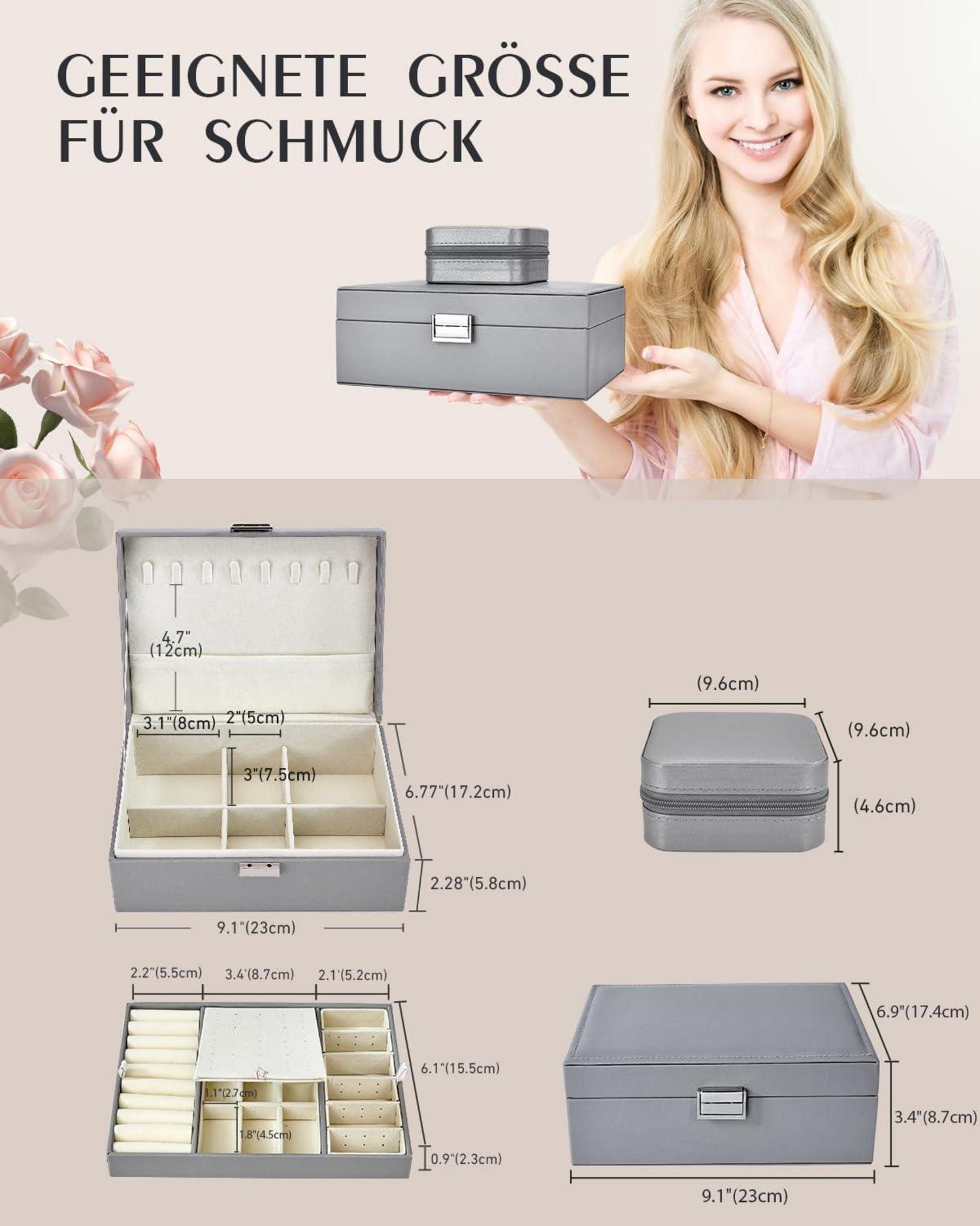 Schmuckkästchen Organizer Damen 2er Pack Reise Klein PU-Leder Grau