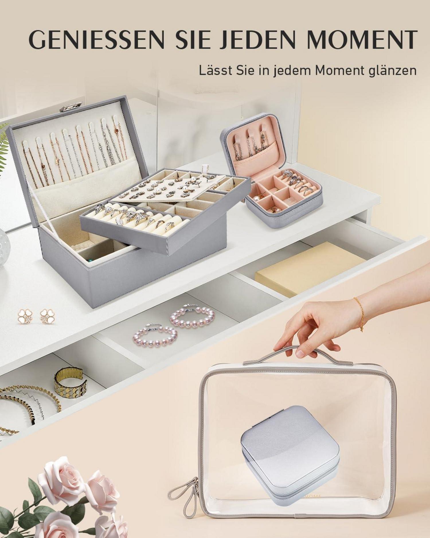 Flamesio Schmuckkästchen Organizer 2 Pack Reise PU-Leder Klein Grau