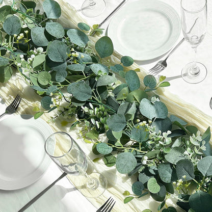 Künstliche Eukalyptus Girlande 2er Set 1,8m Hängend Grün Weiße Blumen