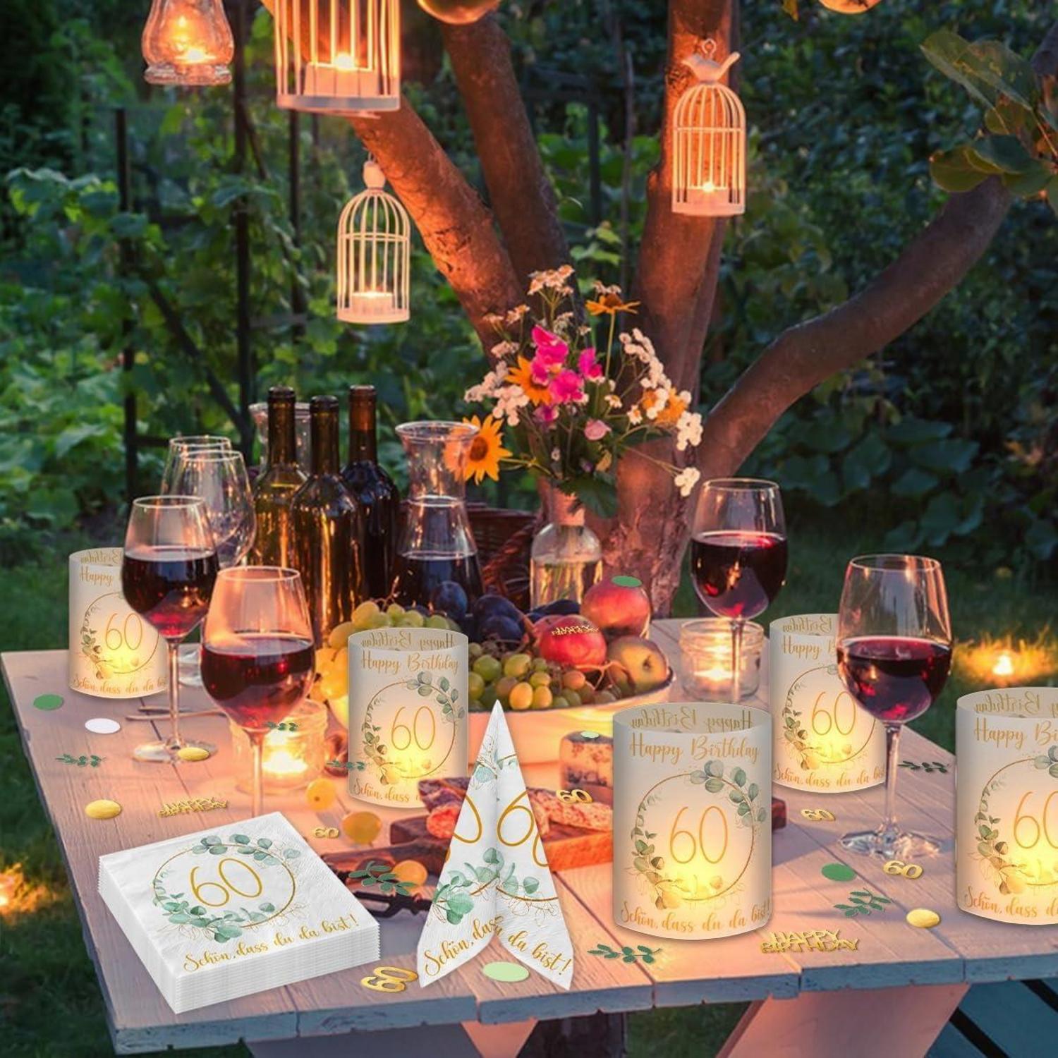 Deko Set 60. Geburtstag Servietten Windlichter Konfetti Grün Eukalyptus