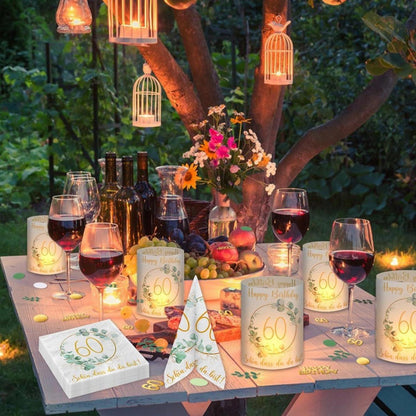 Deko Set 60. Geburtstag Servietten Windlichter Konfetti Grün Eukalyptus