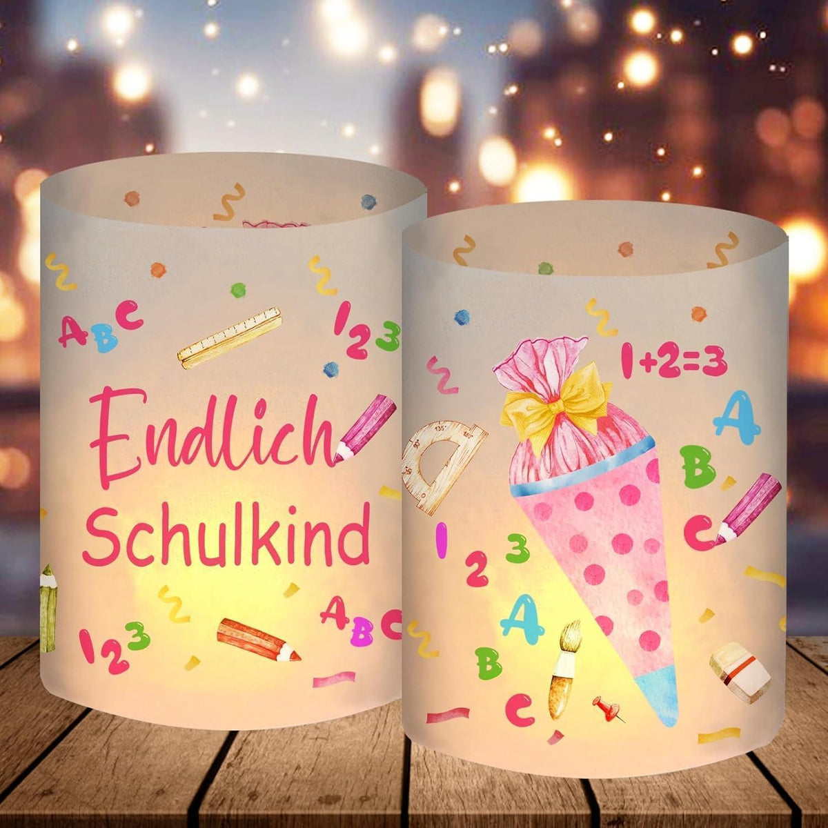 12 Windlichter Einschulung Mädchen "Endlich Schulkind 2025" Deko