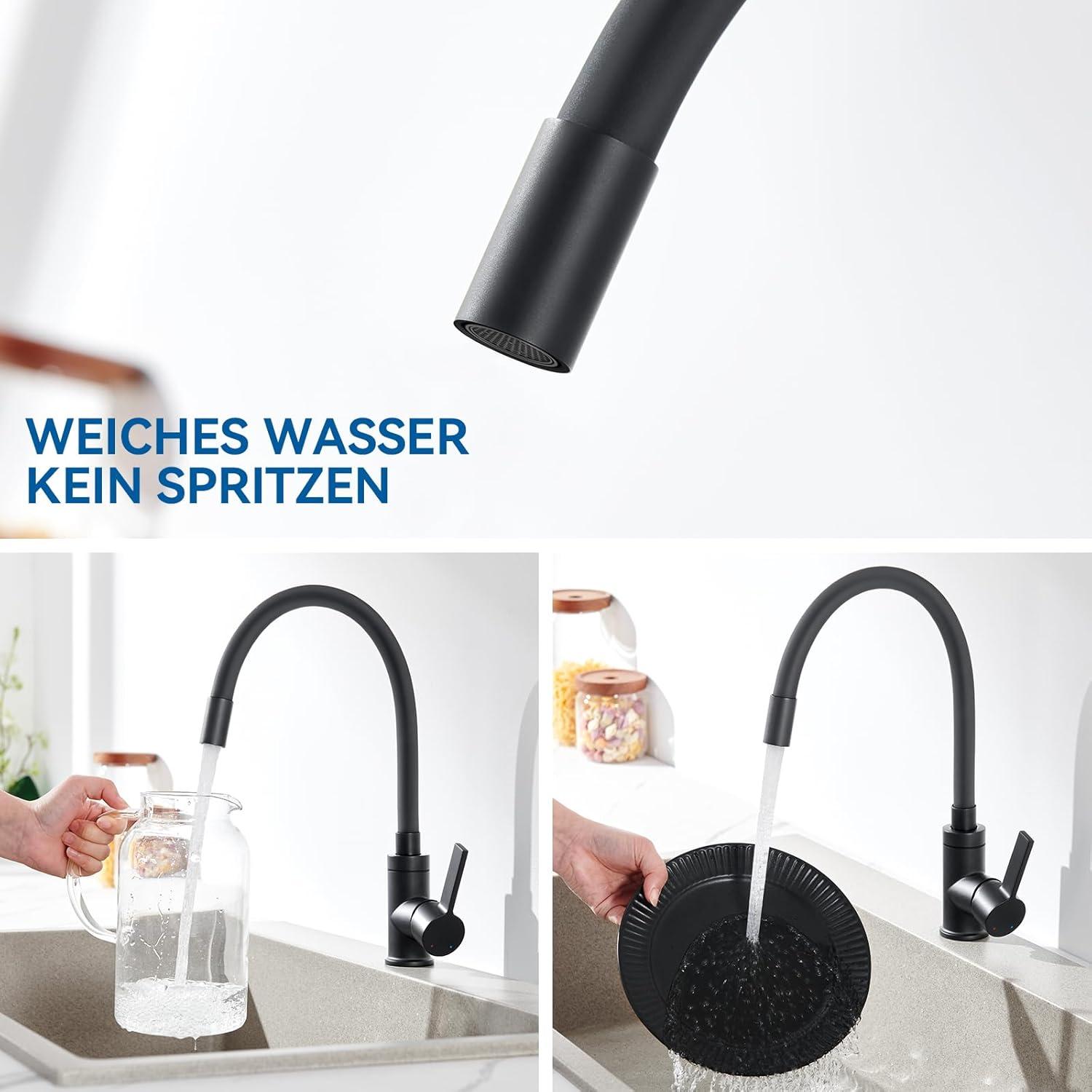 Flexibler Wasserhahn Küche Schwarz 360° Schwenkbar Matt Hochdruck Auslauf