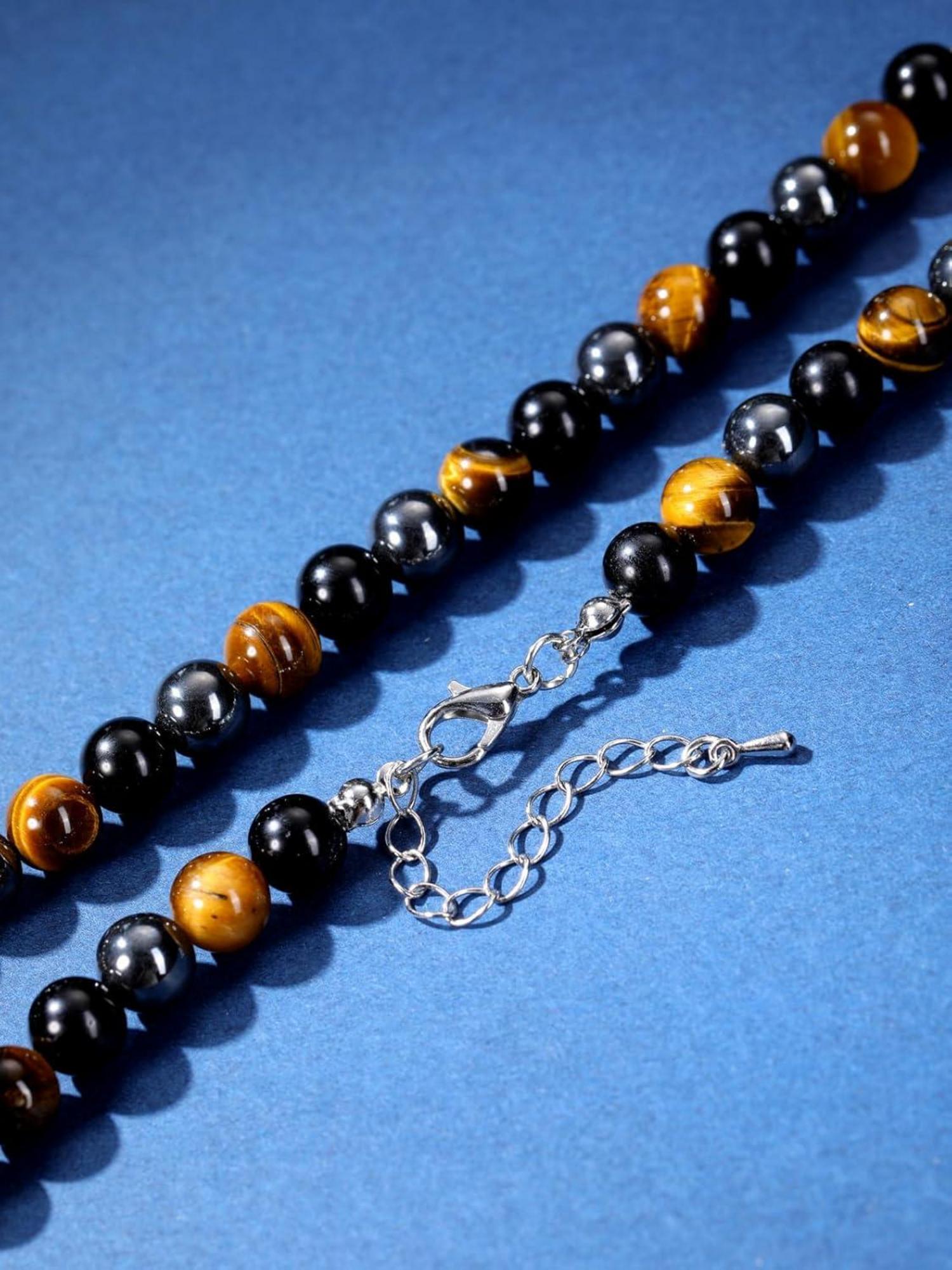 Herren Kristall Perlenkette Pfeil Anhänger Obsidian Tigerauge 8mm
