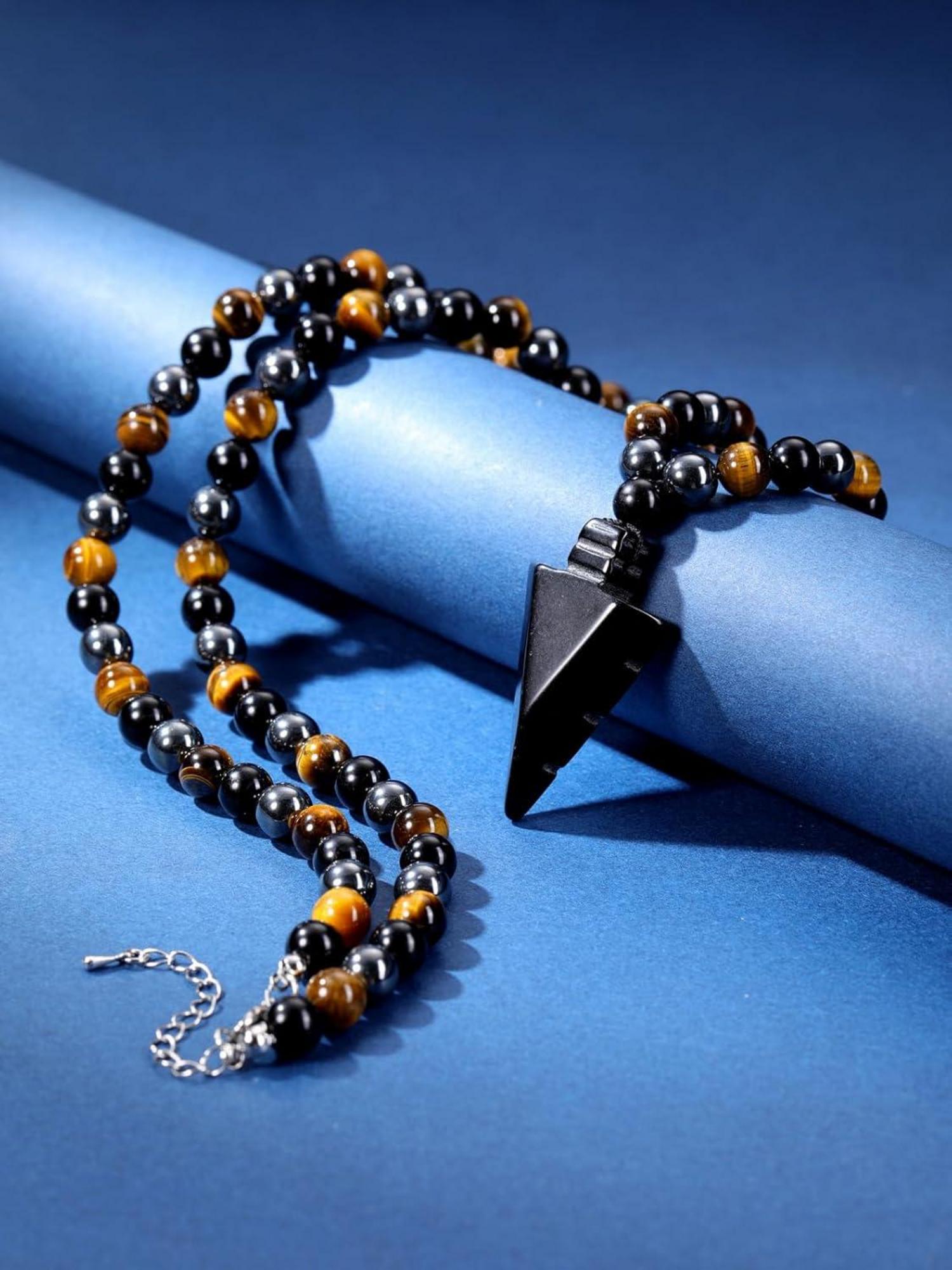 Herren Edelstein Pfeil Anhänger Obsidian Tigerauge Kette