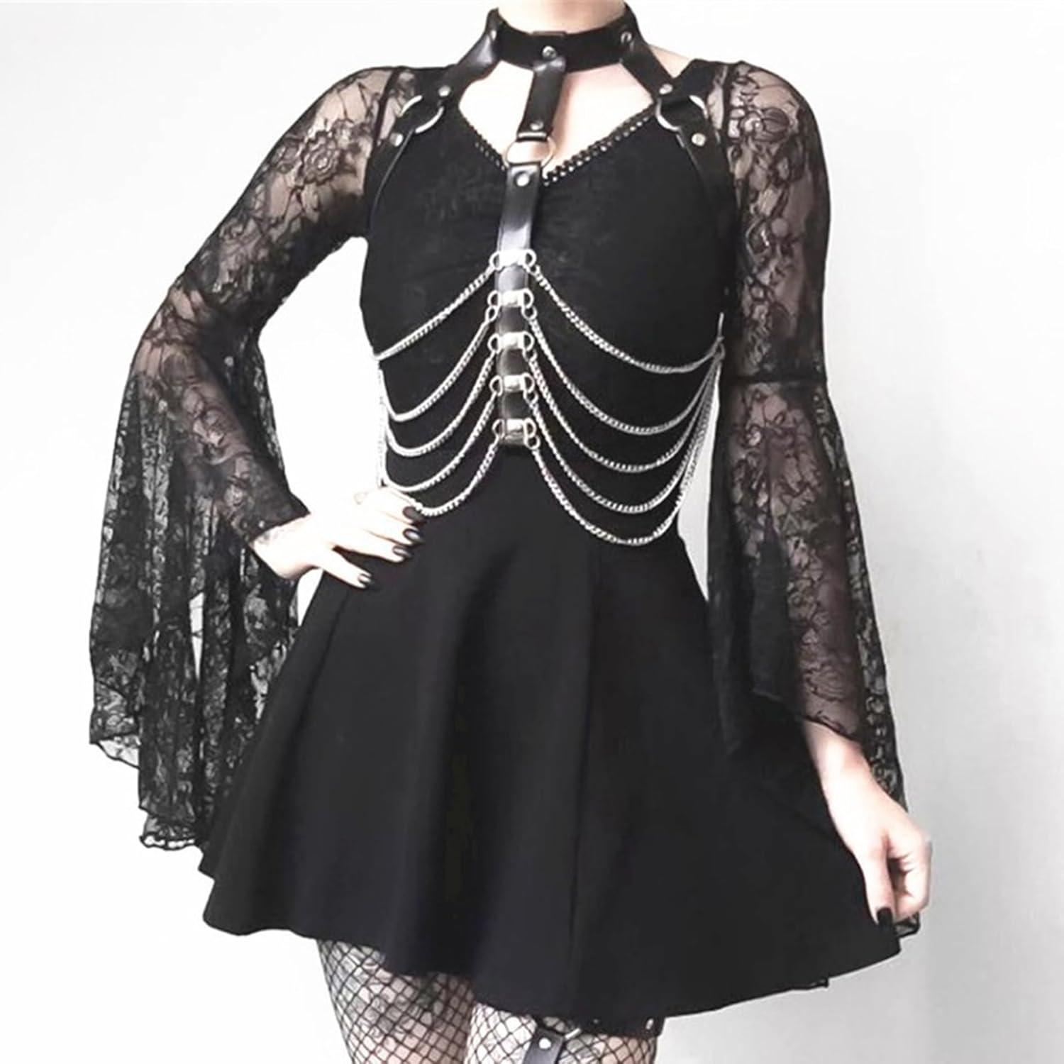 Schwarze Damen Körperkette Leder Harness Punk Bondage Gothic BDSM