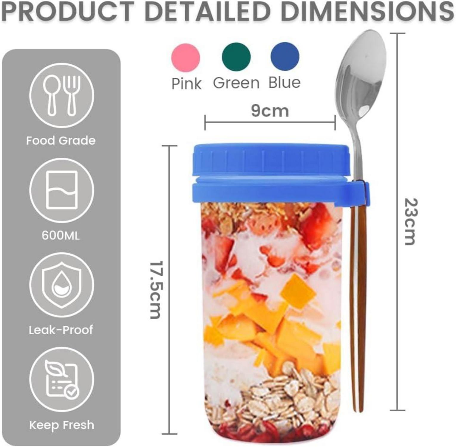 Bugucat Müslibecher to Go 600ML mit Löffel, auslaufsicher, Blau+Grün