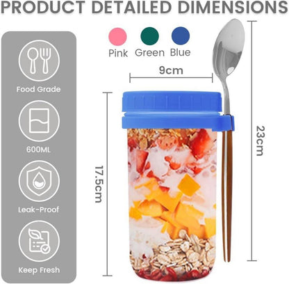 Bugucat Müslibecher to Go 600ML mit Löffel, auslaufsicher, Blau+Grün