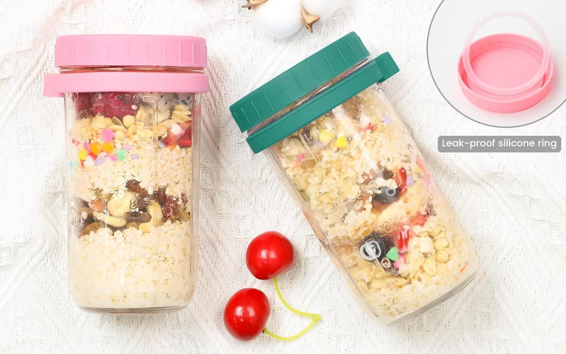 Bugucat 2er Set Müslibecher to Go 600ML Glas Joghurtbecher Auslaufsicherer Lunchpot mit Löffel Salatbecher, Rosa Grün