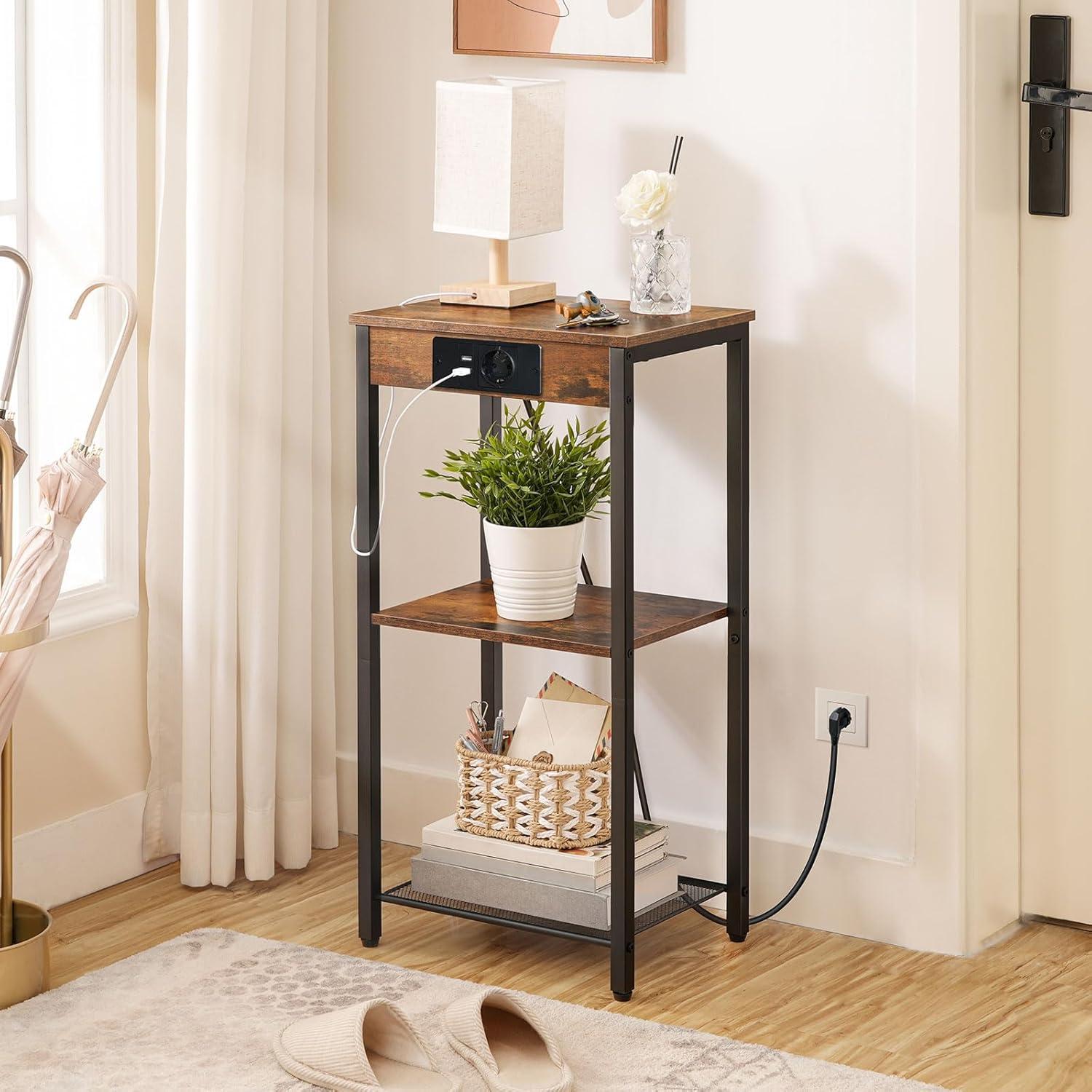 HOOBRO Beistelltisch mit Ladestation 3 Ebenen Vintagebraun und Schwarz