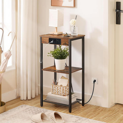 HOOBRO Beistelltisch mit Ladestation 3 Ebenen Vintagebraun und Schwarz