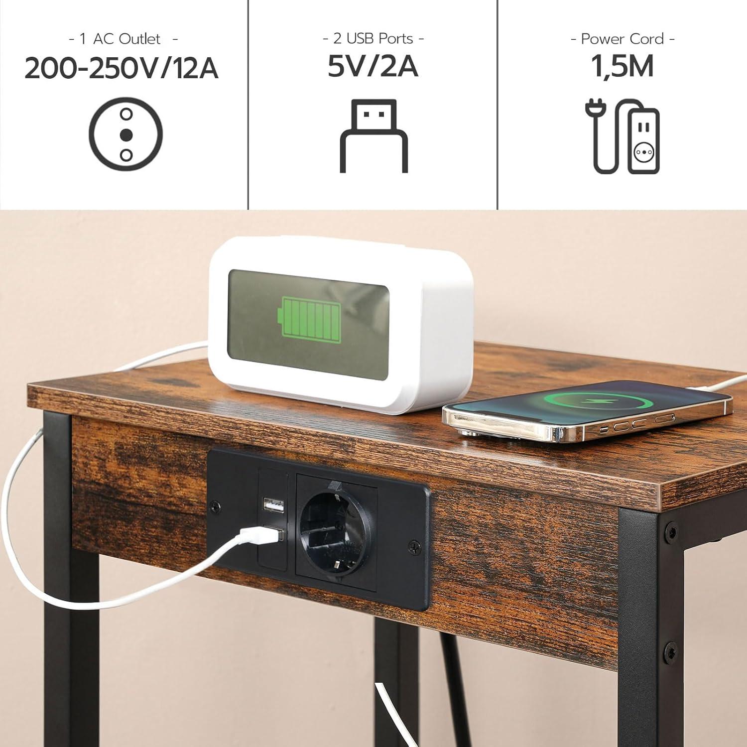 HOOBRO Beistelltisch mit Ladestation 3 Ebenen Vintagebraun und Schwarz