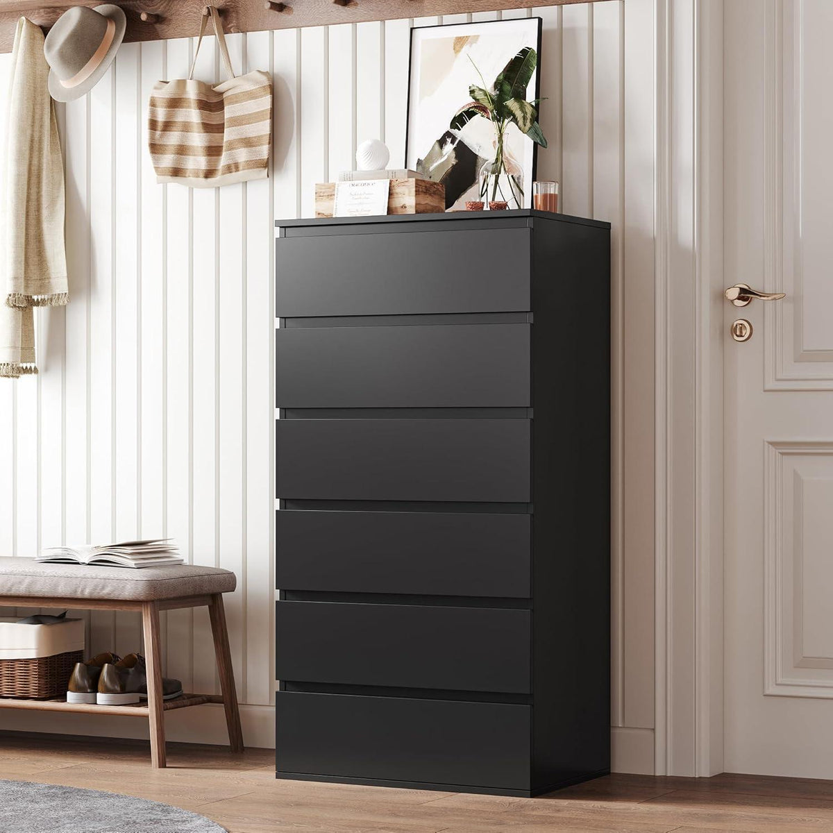 Schwarze Kommode mit 6 Schubladen – 60x40x119cm