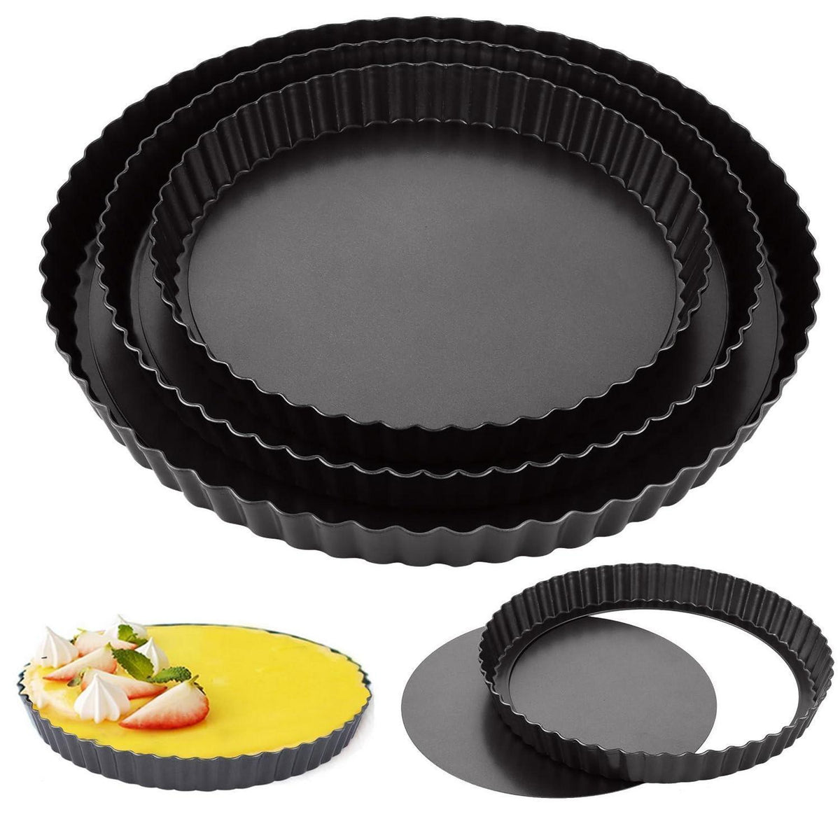 3er-Set Tarteformen mit Hebeboden 22/26/30cm – Antihaftbeschichtet