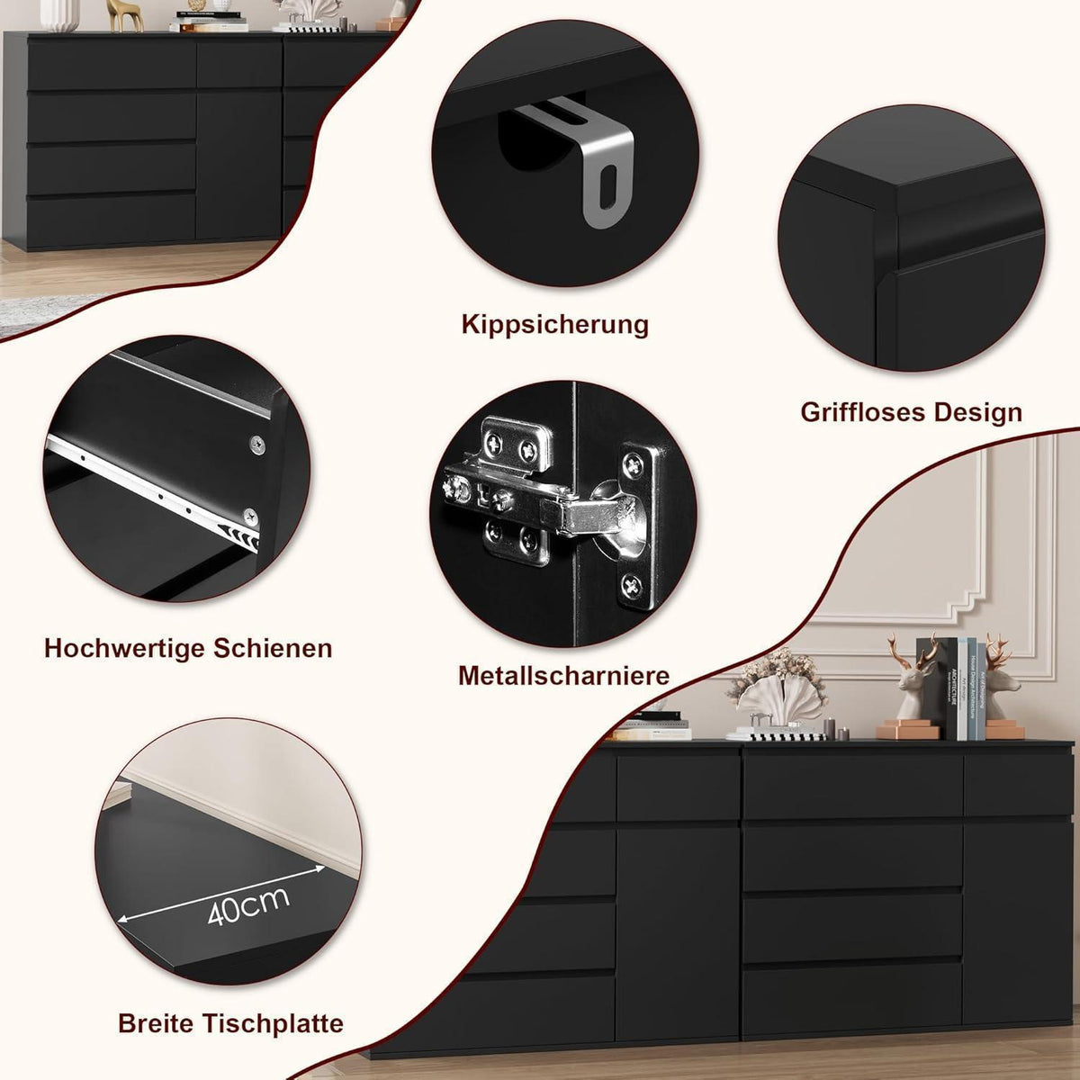 Kommode mit 5 Schubladen & Tür – 100cm Sideboard Schwarz