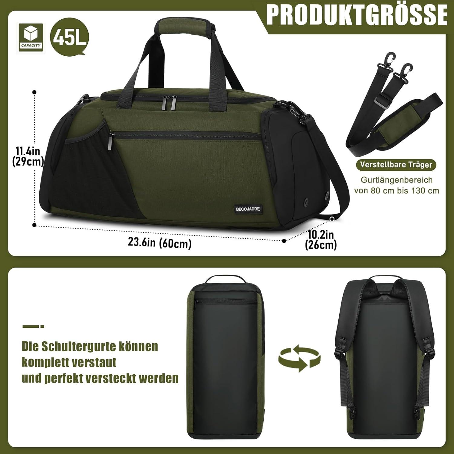 Sporttasche Herren 45L mit Schuh- und Nassfach Armeegrün