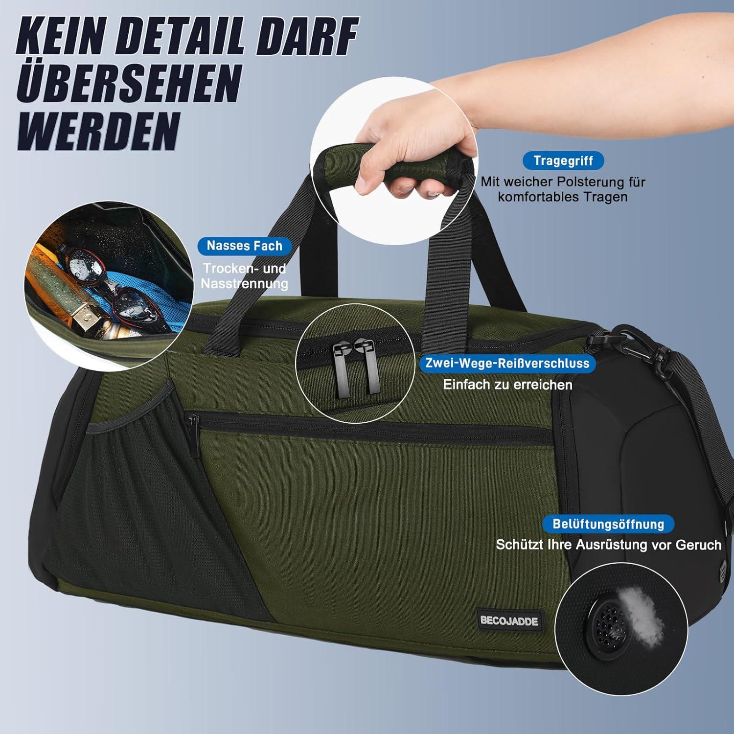Große Sporttasche Herren 45L mit Laptopfach, Schuhfach & Nassfach - Wasserdicht & strapazierfähig - Weekender Rucksack Armeegrün