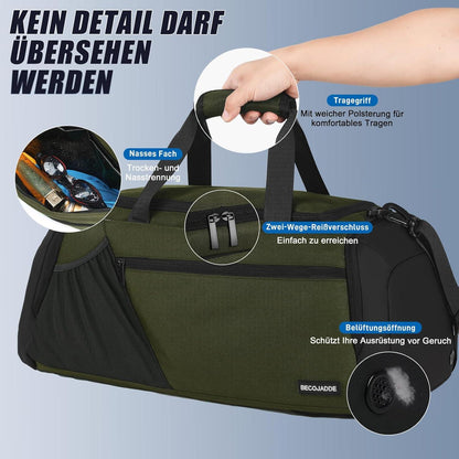 Große Sporttasche Herren 45L mit Laptopfach, Schuhfach & Nassfach - Wasserdicht & strapazierfähig - Weekender Rucksack Armeegrün