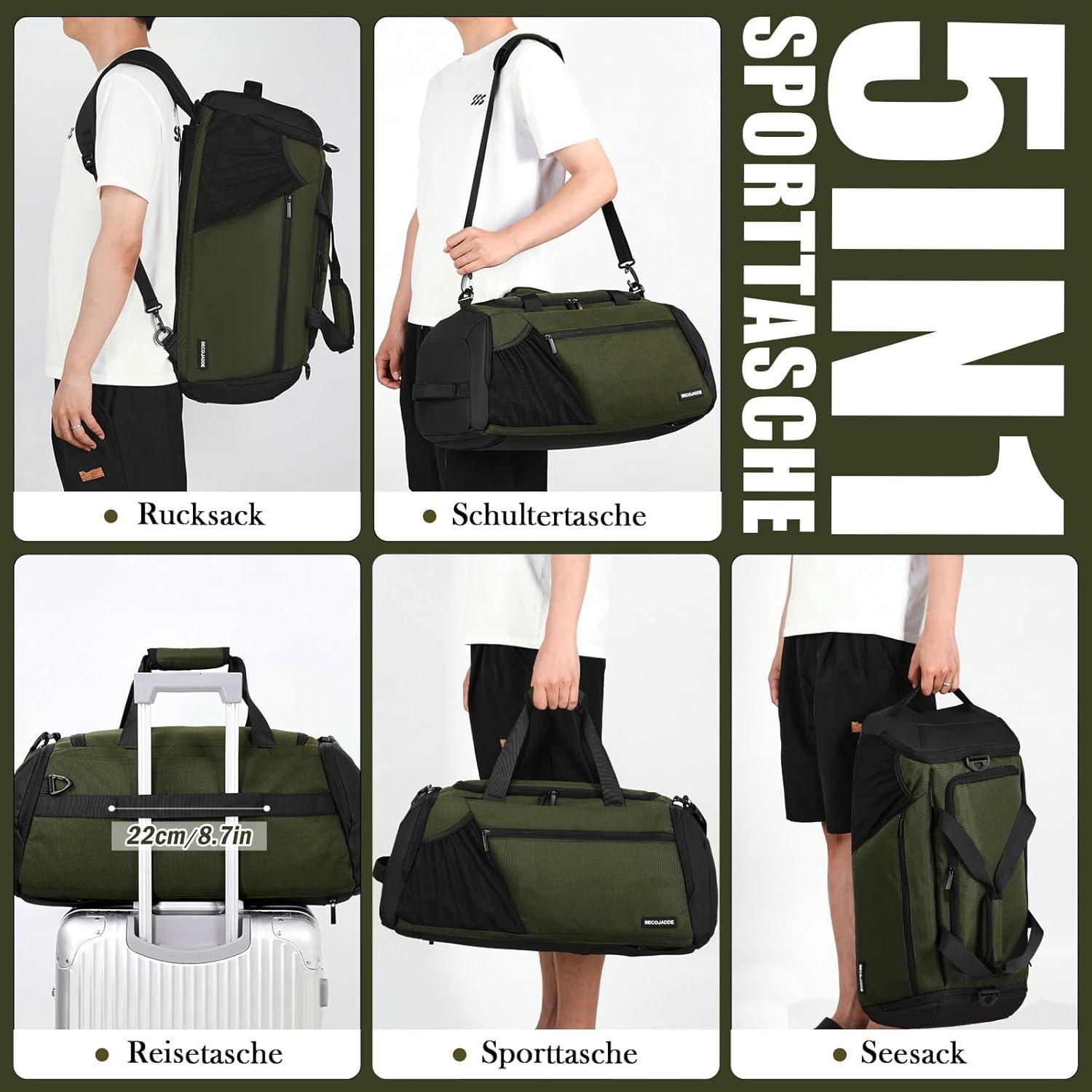 Sporttasche Herren 45L Mehrere Taschen Rucksack Nassfach Wasserdicht Armeegrün
