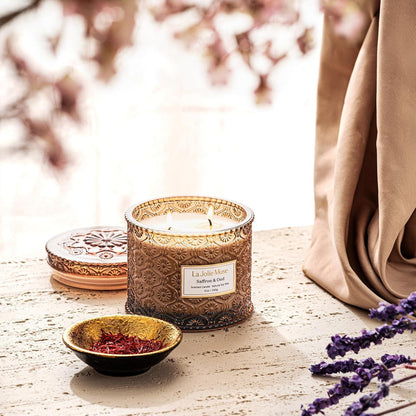 Große Duftkerze Safran Oud 2-Docht Sojawachs 340g Luxusglas Kerze