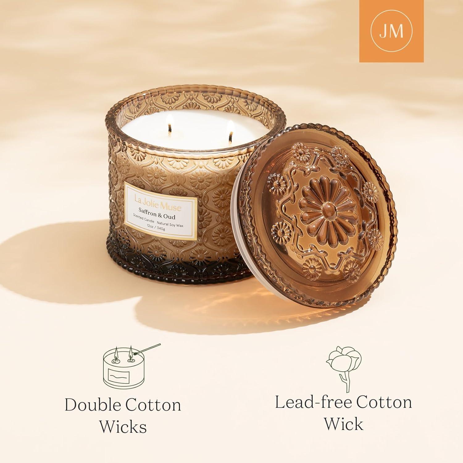 Große Safran Oud Duftkerze 60h Sojawachs Luxusglas 340g