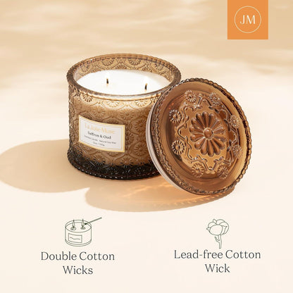 Große Safran Oud Duftkerze 60h Sojawachs Luxusglas 340g