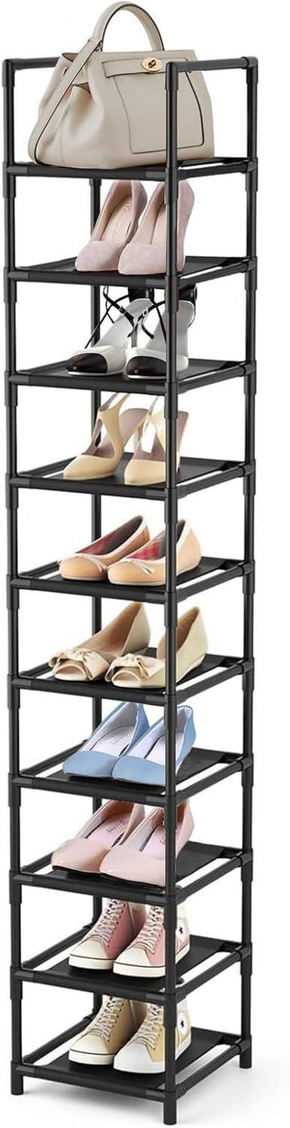 10 Ebenen Metall Schuhregal schmal Schwarz 33x33x173 cm