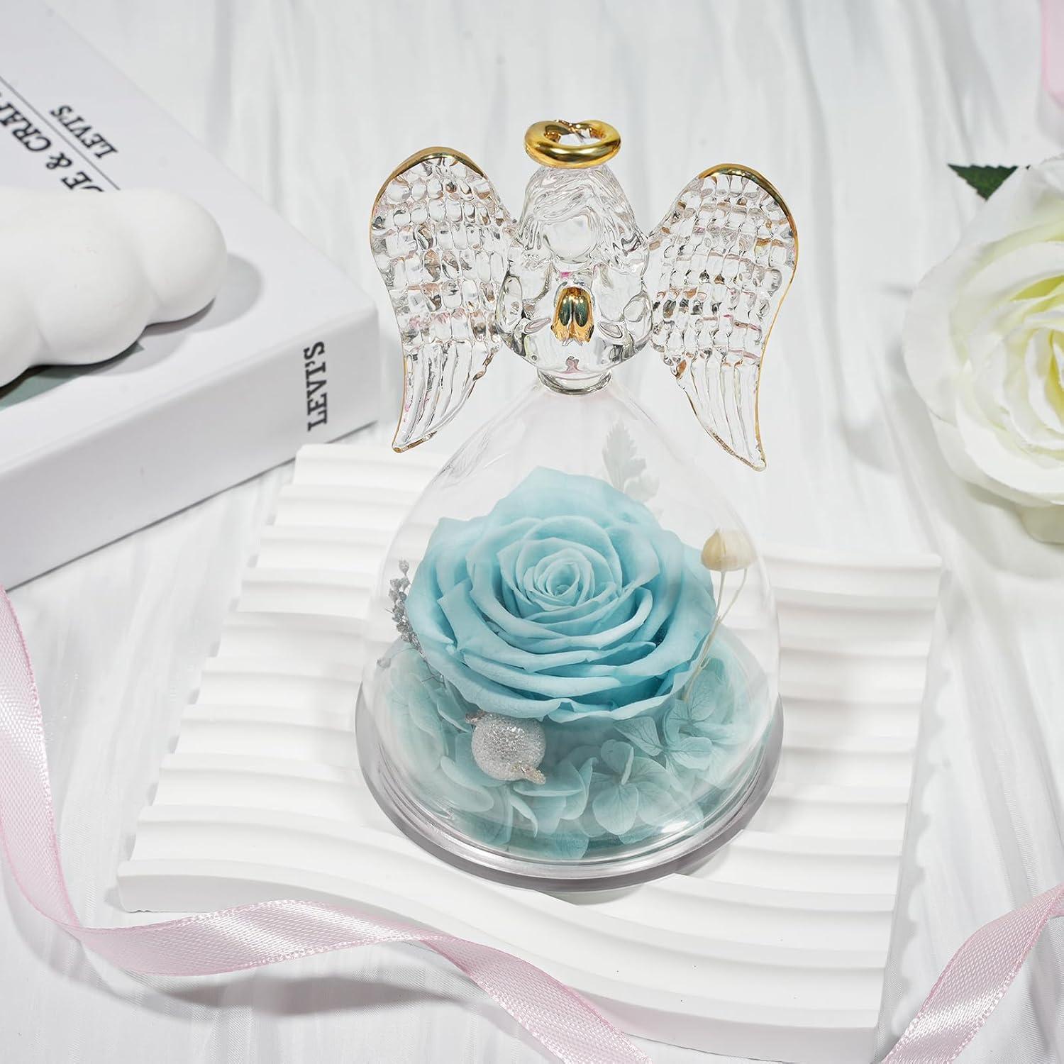 Sunia Ewige Rose mit Engel Glaskuppel, Muttertagsgeschenk, Geburtstagsgeschenk