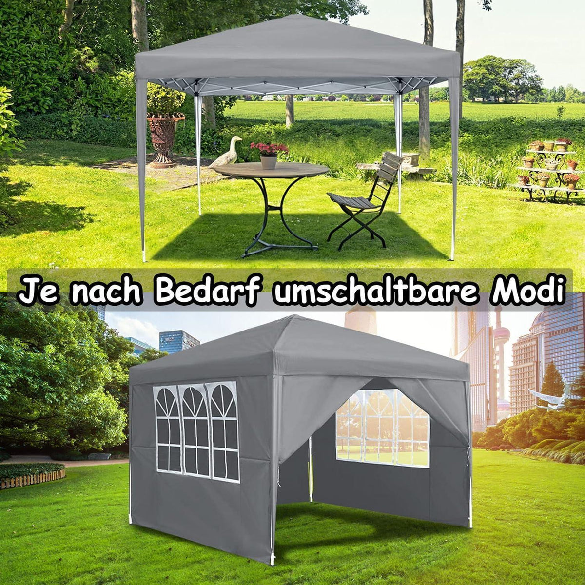 3x3m Faltpavillon mit Seitenteilen & Fenstern – Grau