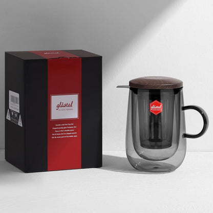 Doppelwandige Glas Teetasse 430ml Schwarz Borosilikat Glas mit Henkel