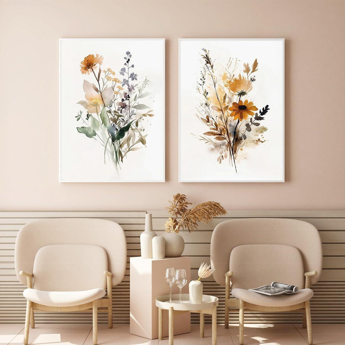 3er Poster Set Gouache Blumen Bilder Wandkunst 30x40cm