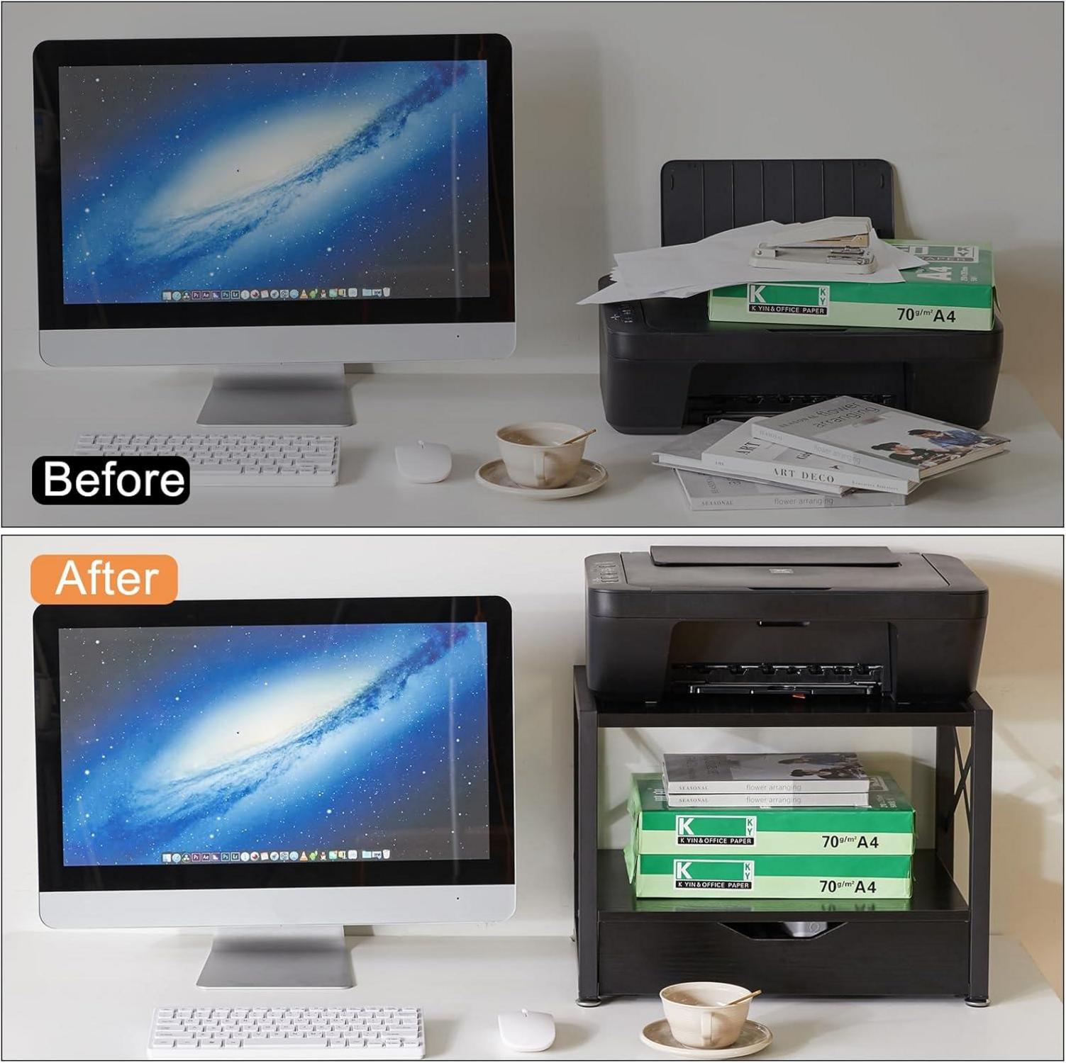 2-Tier Desktop-Drucker Stand mit Schublade, Schwarz