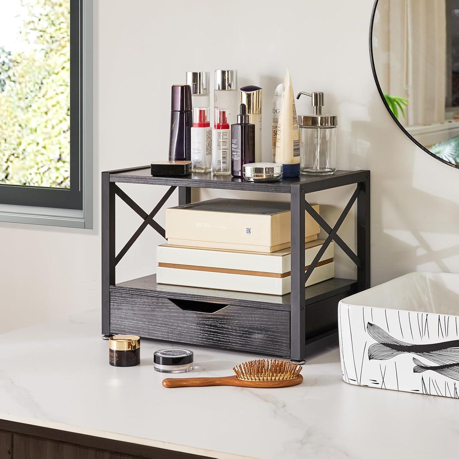 2 Tier Desktop Drucker Stand Organizer mit Schublade - Schwarz Home Office