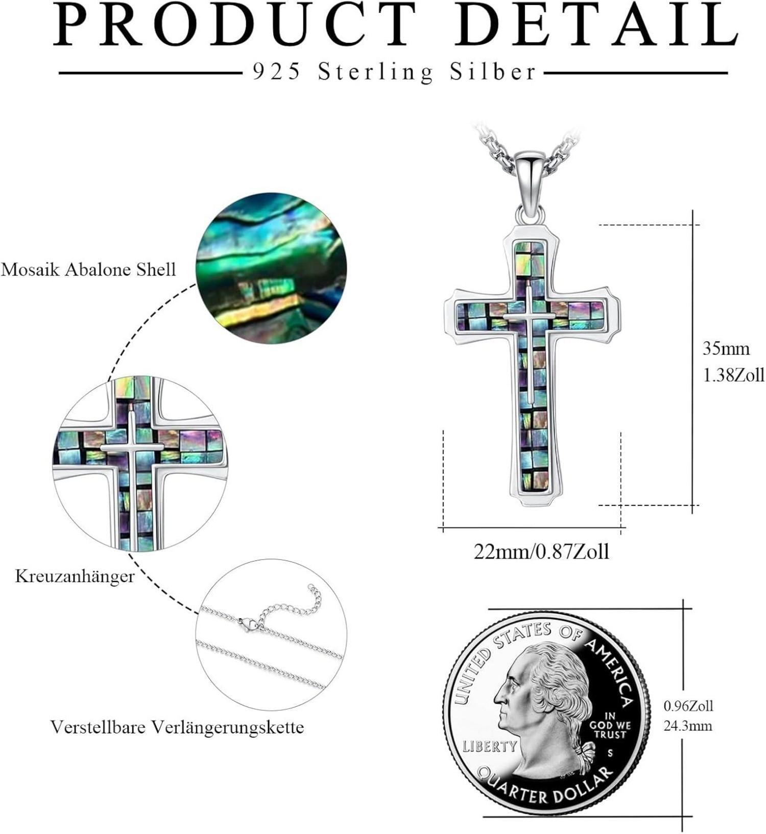 Herren Kreuz Kette 925 Sterling Silber Abalone Anhänger