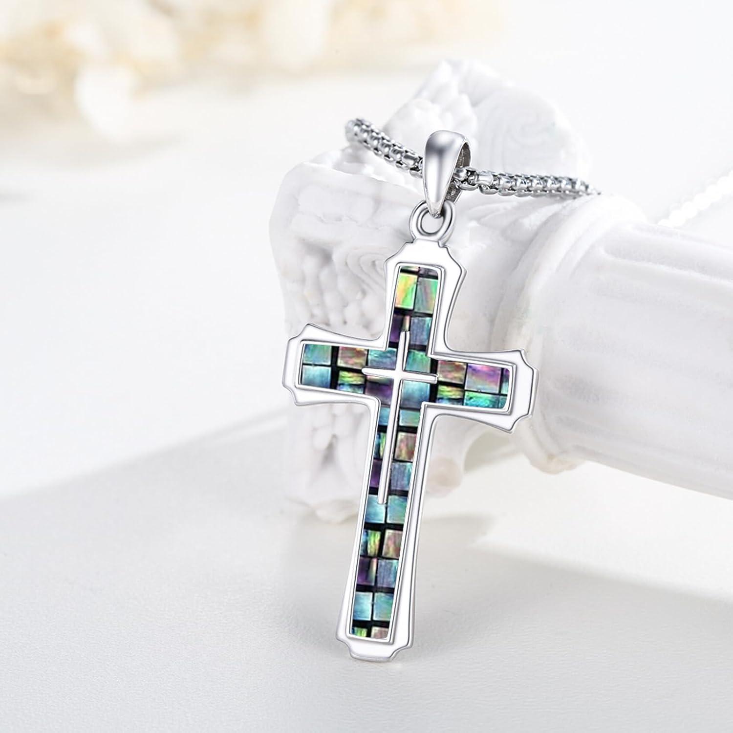 Herren Kreuz Kette 925 Sterling Silber Abalone Mosaik Anhänger