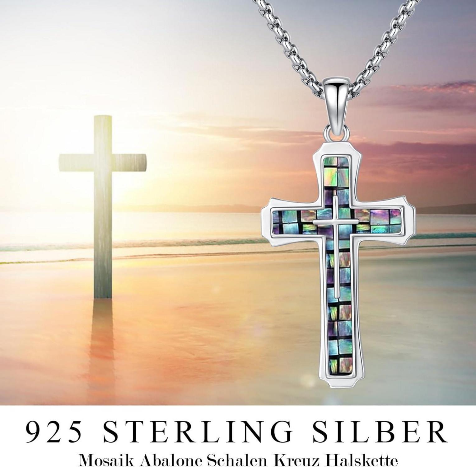 Herren Kreuz Kette 925 Sterling Silber Abalone Opal Malachit