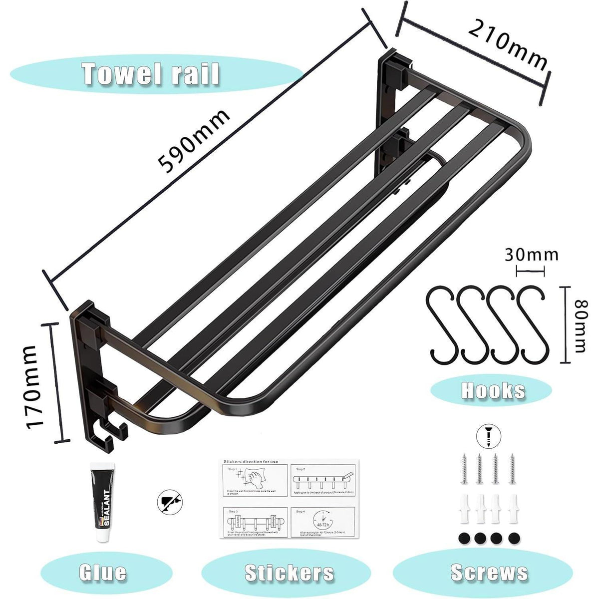 Handtuchhalter klappbar ohne Bohren, 60cm, Schwarz Matt