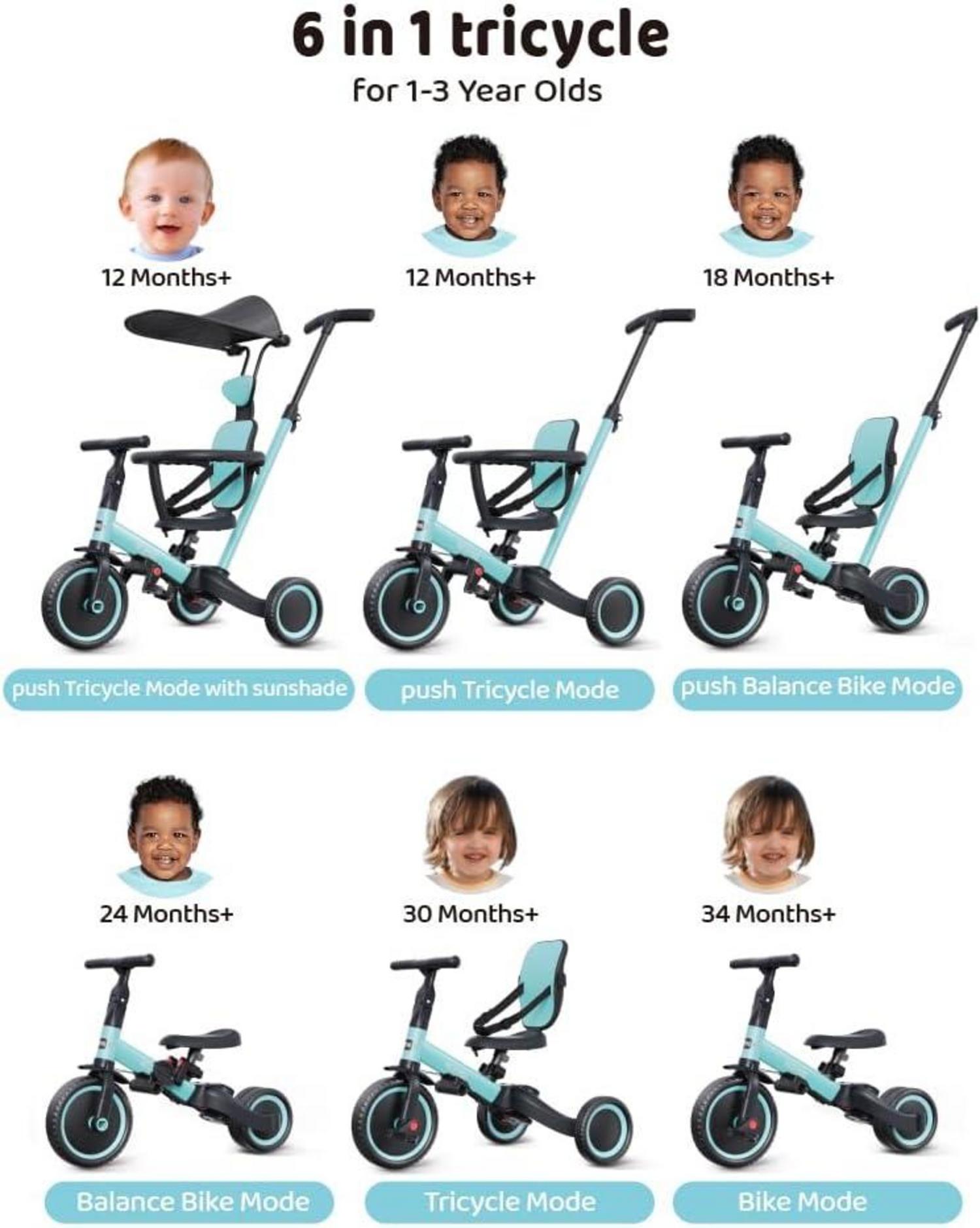6-in-1 Dreirad für Kleinkinder | Laufrad mit Schubstange