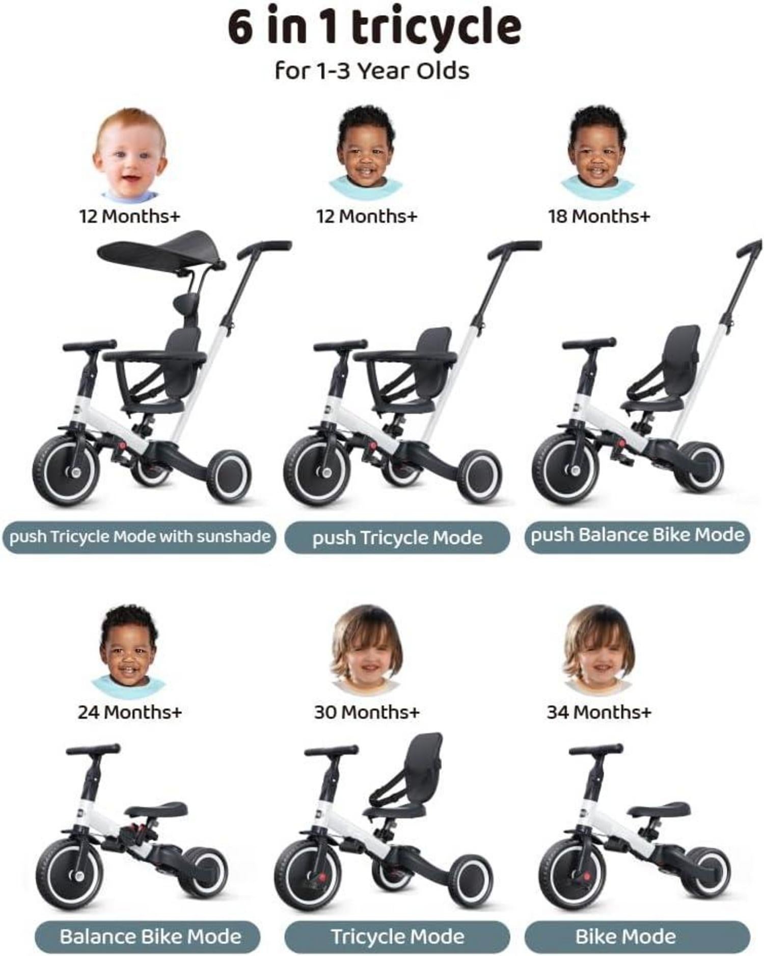 Newyoo 6 in 1 Laufrad Dreirad für Kleinkinder 1 bis 3 Jahre