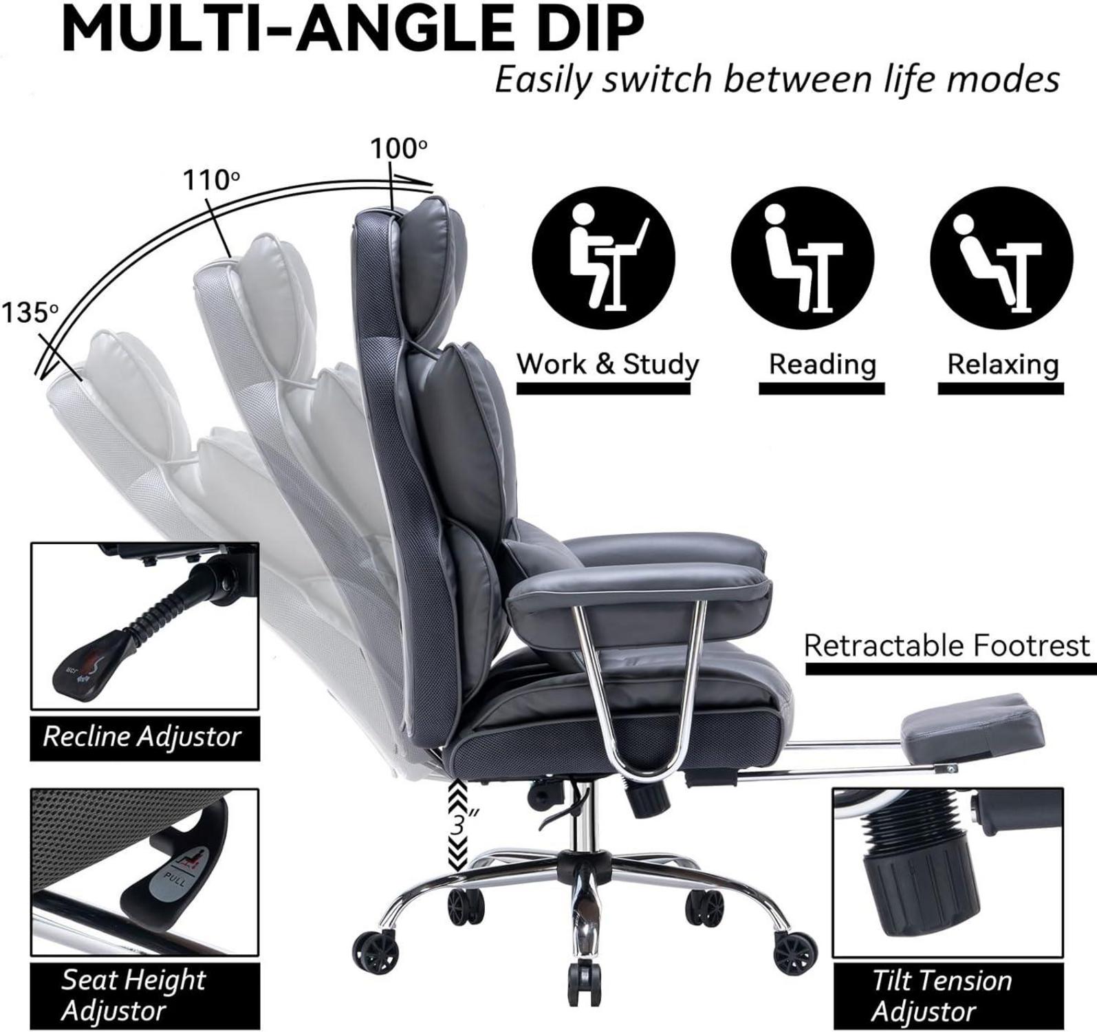 Ergonomischer Bürostuhl mit PU Leder, Fußstütze und Lendenwirbelstütze