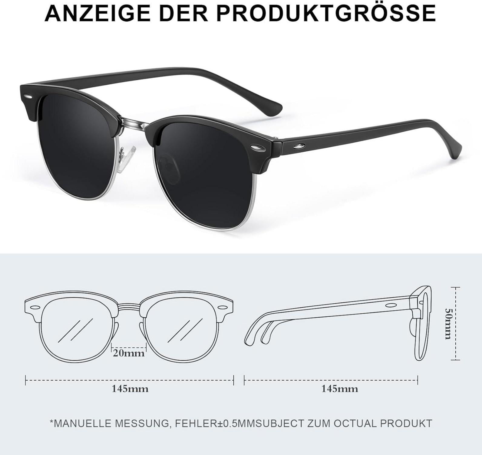 Polarisierte Sonnenbrille Herren Damen UV400 Halbrahmen Retro Schwarz