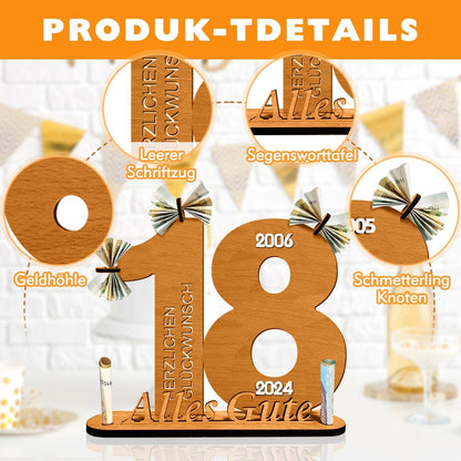 Geldgeschenke Gästebuch Holz 18. Geburtstag Deko mit Lasergravur