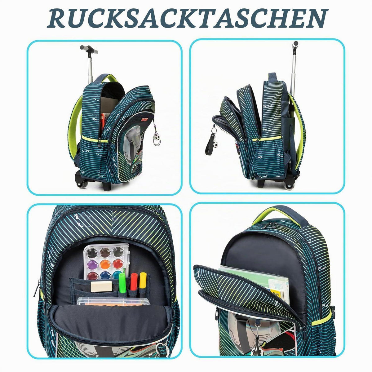 Schulranzen mit Rollen Fußballtrolley für Kinder 5-12 Jahre