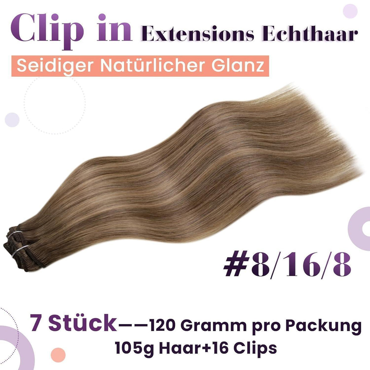 Echthaar Clip-in Extensions Braun Balayage Ombre 50cm