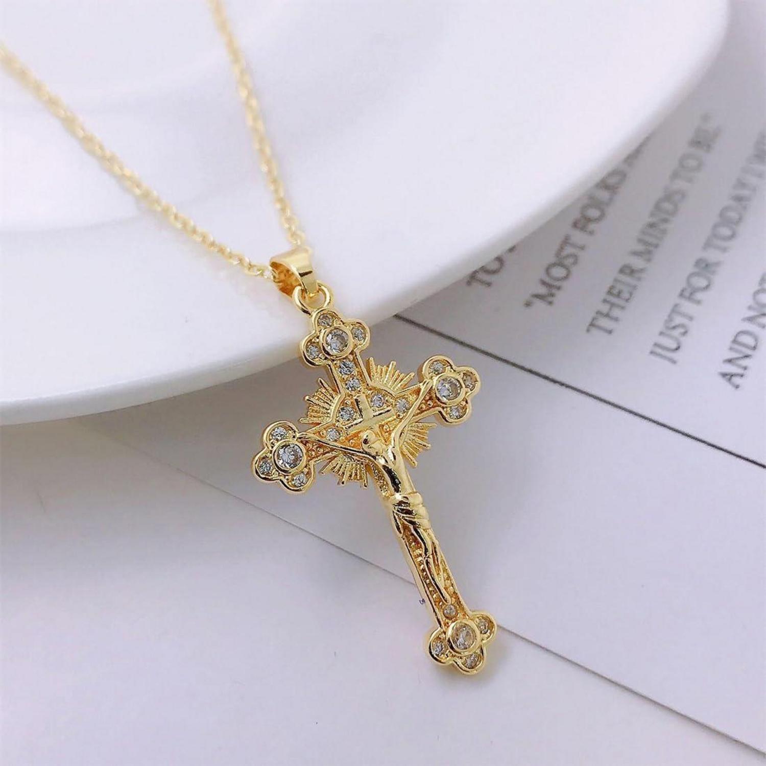 Damen Gold Kreuzkette Zirkonia Anhänger 18K Vergoldet Geschenk