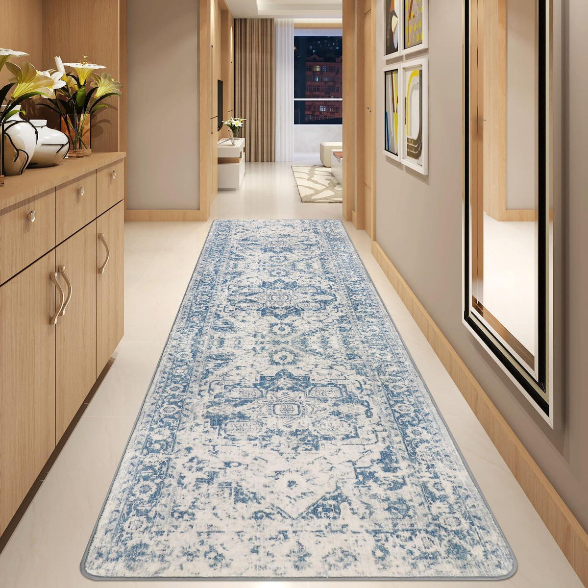 Läufer Flur Vintage Blau 80x300cm Rutschfest Waschbar