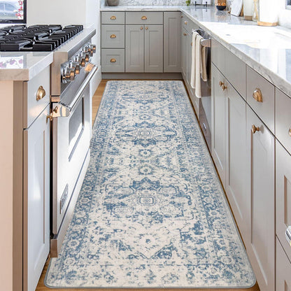 Läufer Flur Vintage Blau 80x300cm Rutschfest Waschbar