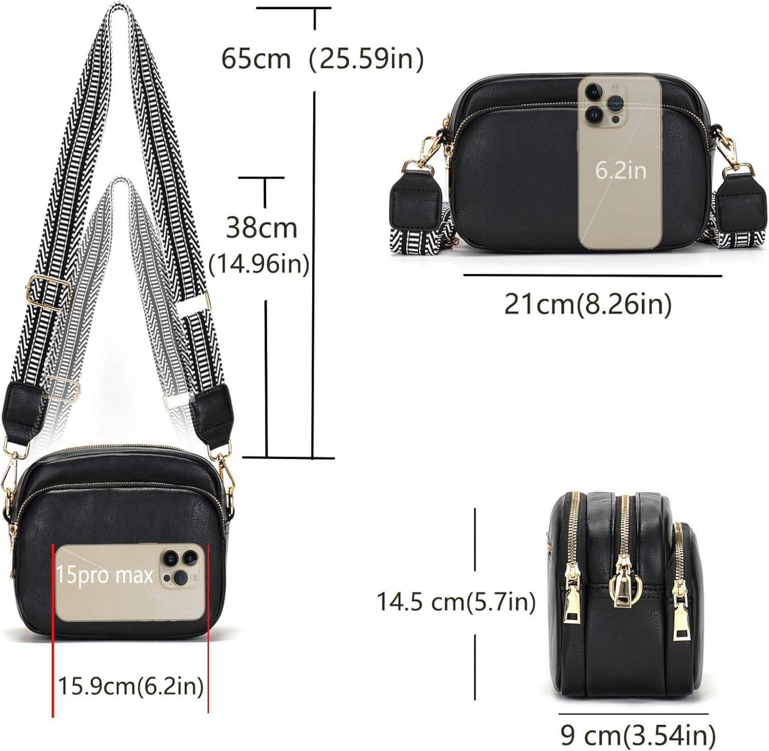 Crossbody Handtasche Damen PU-Leder Umhängetasche 7 Fächer Schwarz