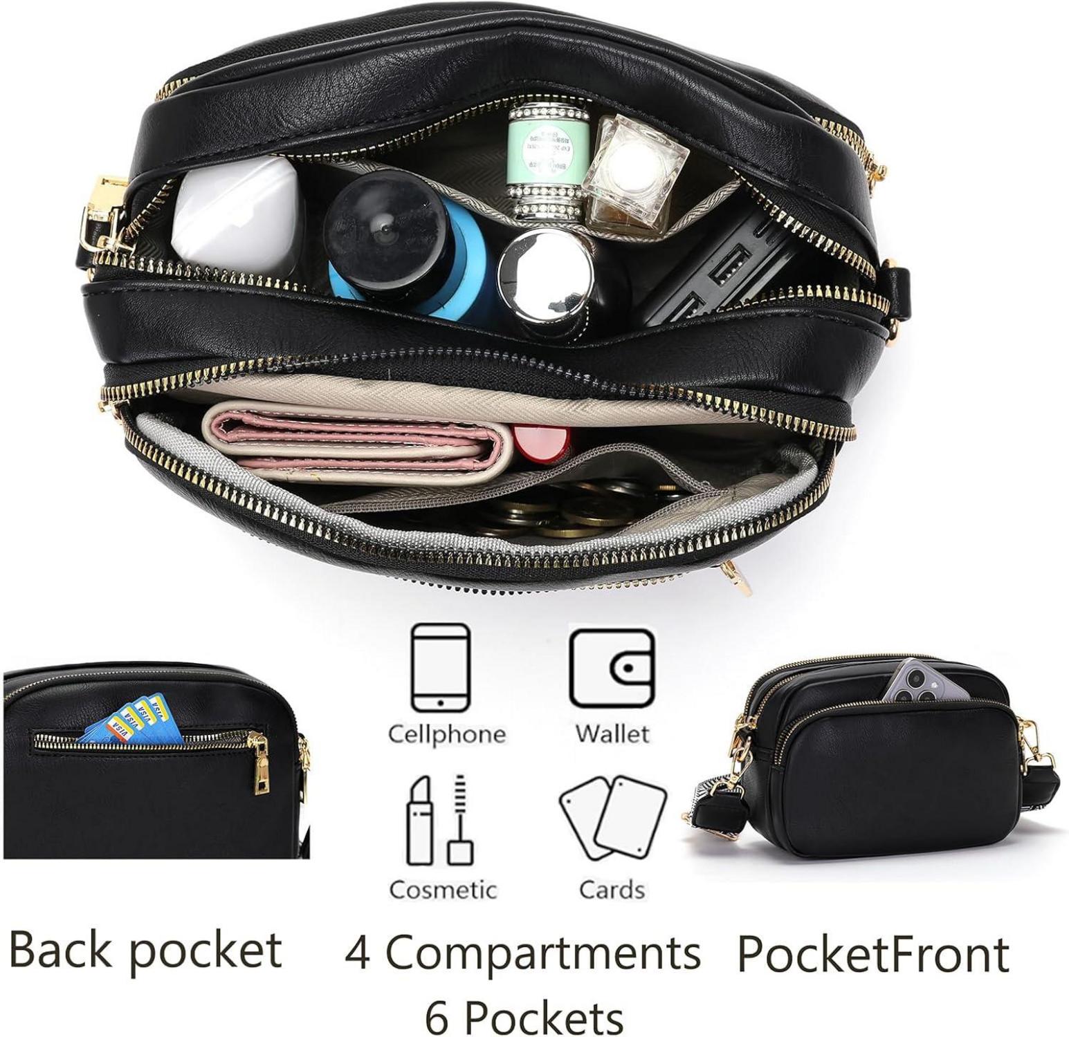 Damen Umhängetasche Handtasche Schwarz PU-Leder 7 Reißverschlusstaschen Magnetverschluss