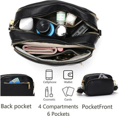 Damen Umhängetasche Handtasche Schwarz PU-Leder 7 Reißverschlusstaschen Magnetverschluss